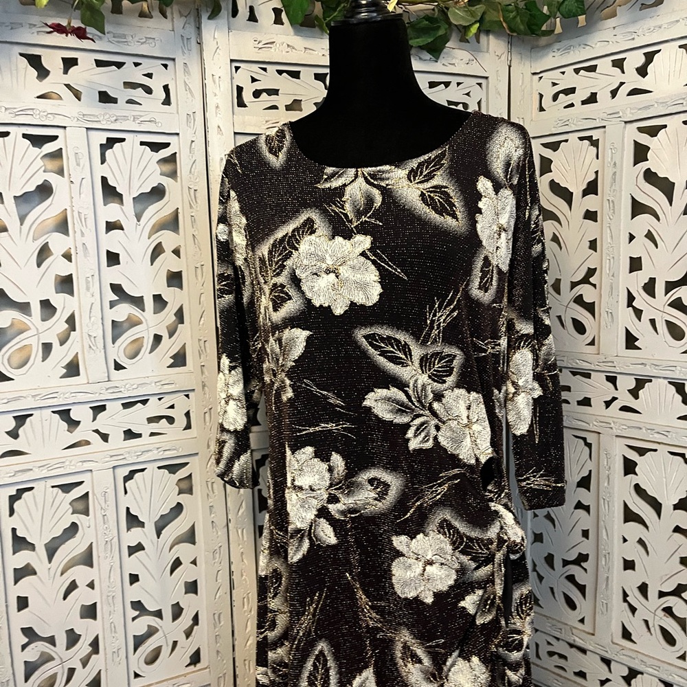 ROBBIE BEE SPECTACULAR SPARKLY BLACK WITH WHITE & GOLD ACCENTS FANCY MIDI DRESS - Picture 2 of 14
